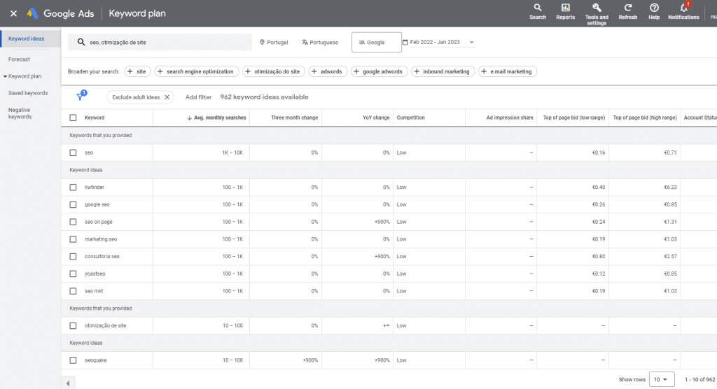 keyword planner para melhorar o seo