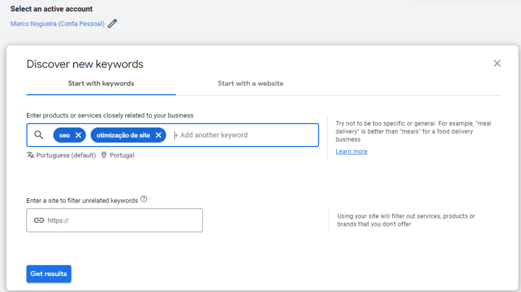 keywork planner da google para busca de palavras-chave seo