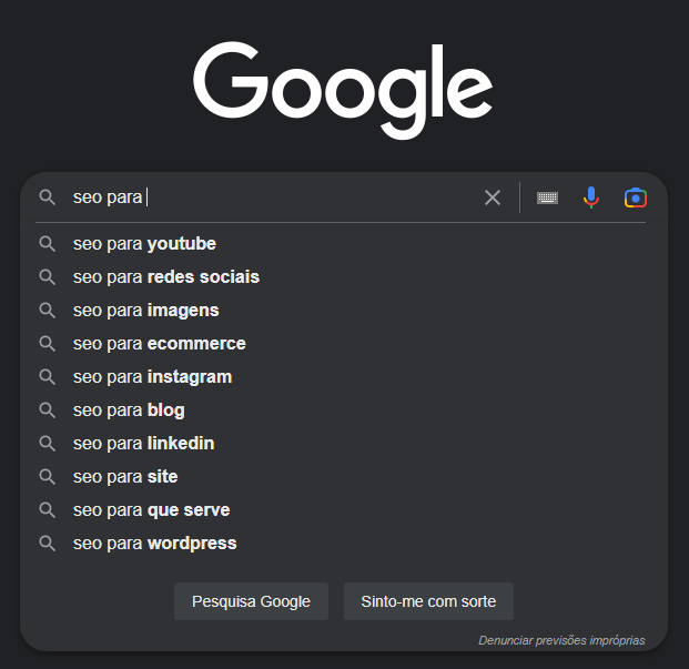 sugestões da google para palavras-chave